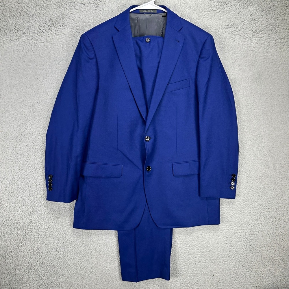 Indochino Mens 2 Piece 2 Pants 44R 36X30 Blue 2 Button Flat Front Wool Blend NEW